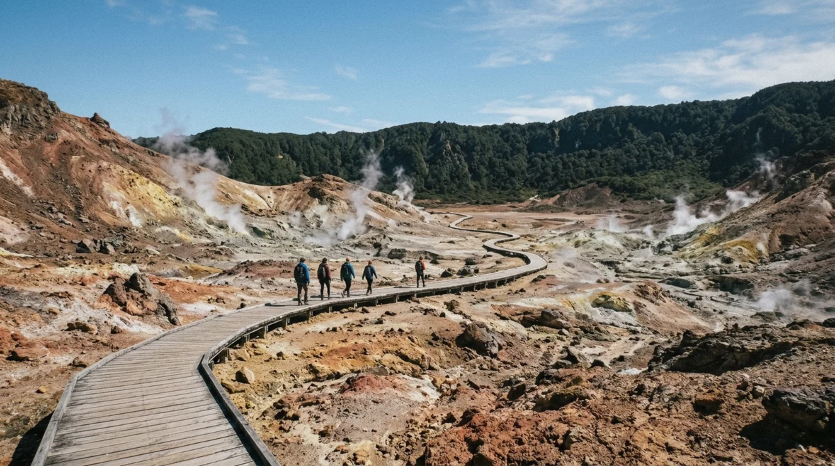 Boardwalk winding across the steaming sulphur crater of Jigokudani Hell Valley near Noboribetsu Bear Park, Hokkaido