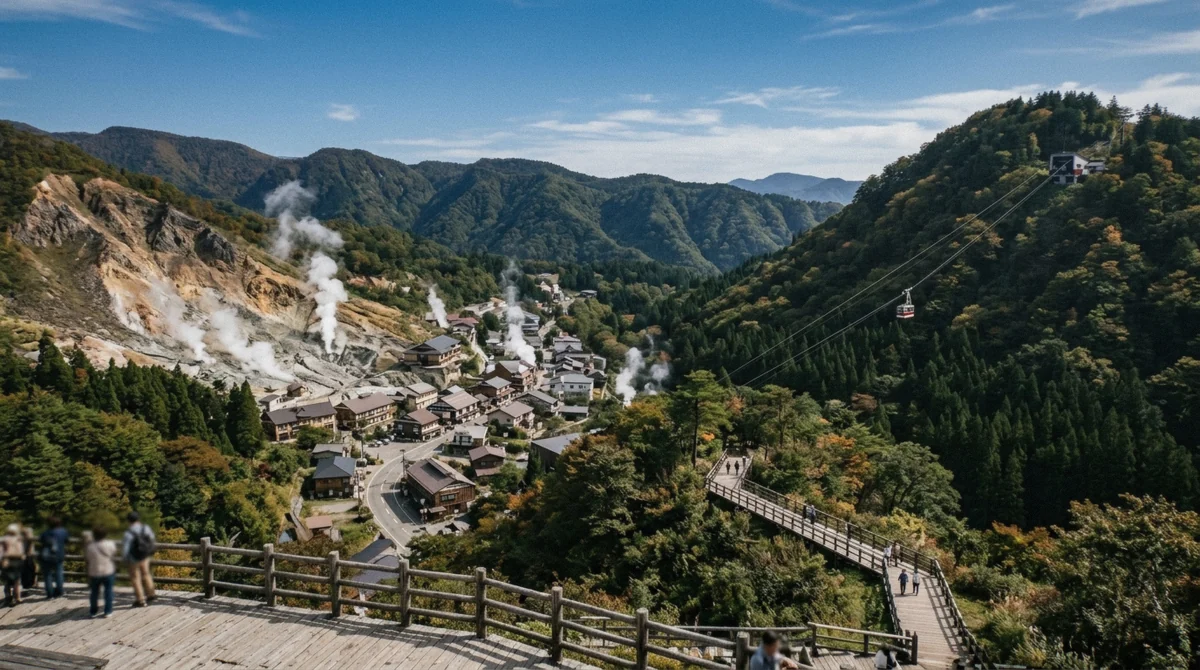 Aerial view of Noboribetsu Onsen with the Jigokudani crater and the Noboribetsu Bear Park ropeway line, Hokkaido