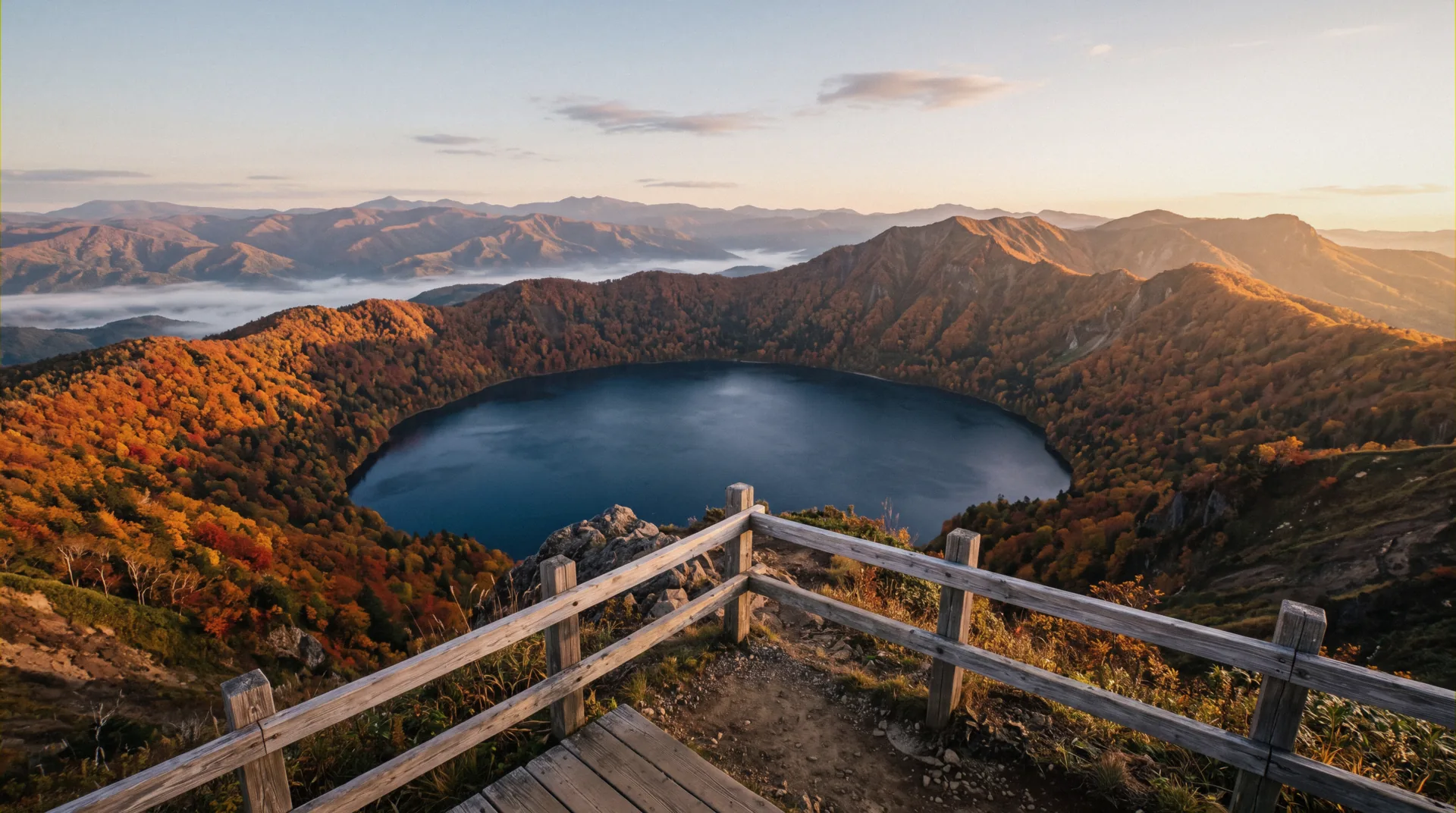 Circular caldera of Lake Kuttara seen from the mountain viewpoint at Noboribetsu Bear Park in autumn, Hokkaido