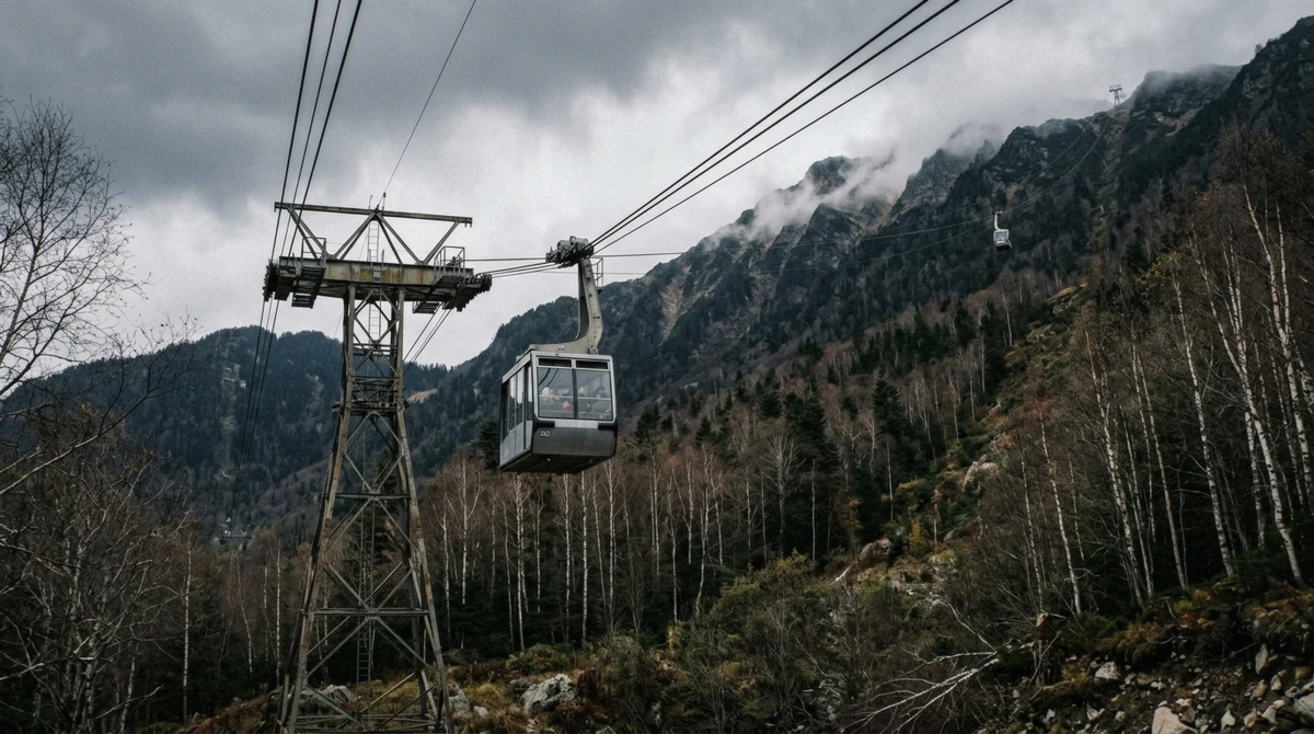 Ropeway gondola climbing the forested slope above Noboribetsu Onsen towards Noboribetsu Bear Park, Hokkaido