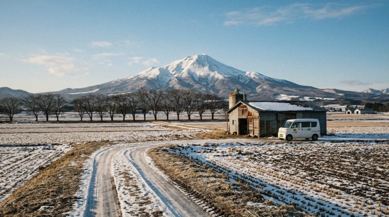 Mount Yotei rising over Niseko farmland on a Noboribetsu, Lake Toya and Niseko day trip from Sapporo near Noboribetsu Bear Park, Hokkaido